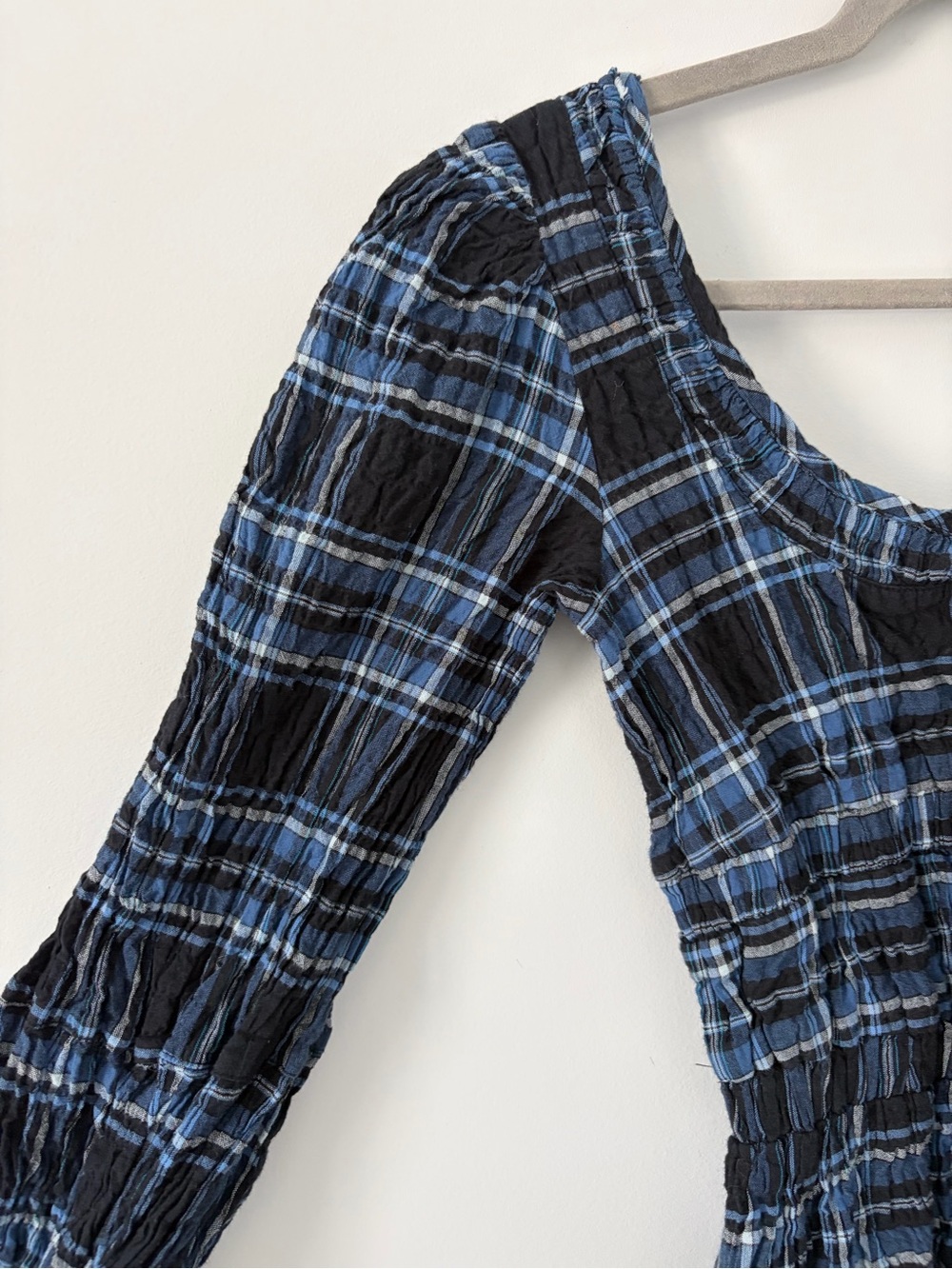 Plaid Midi Dress with Burgundy Tie Detail - Blue - Picture 3 of 11
